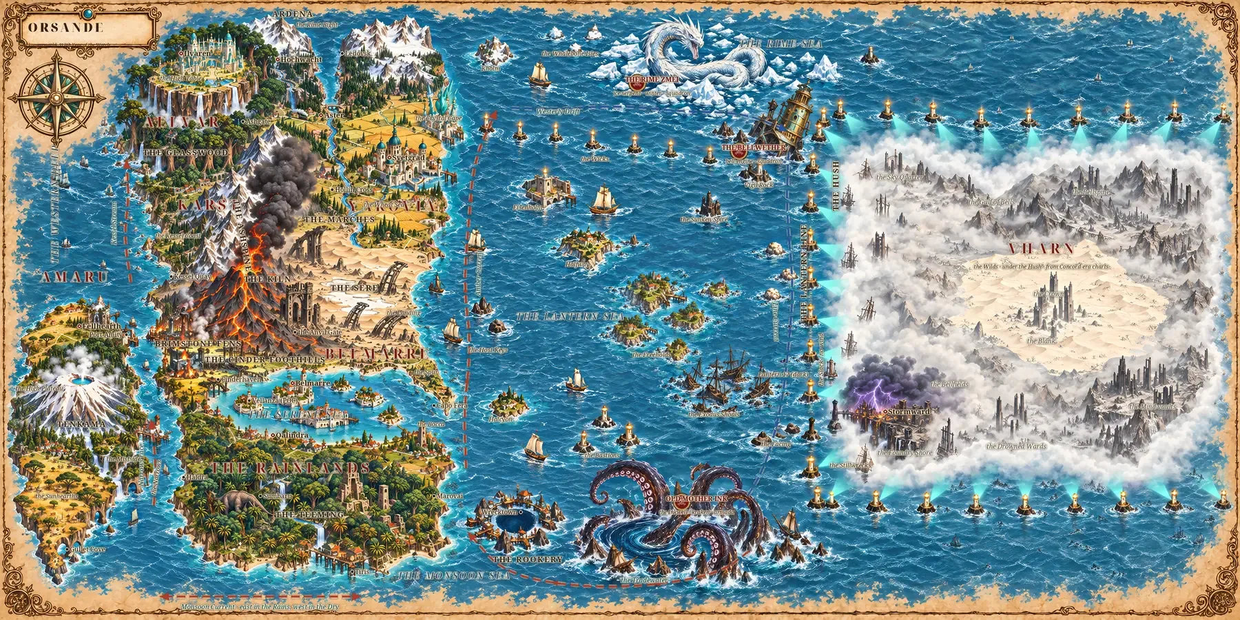 The illustrated world map of Orsande, with Vharn sealed in fog to the east